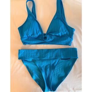 Aerie Blue Ribbed Bikini Set - Scoop Top & Full Bottoms Size Medium